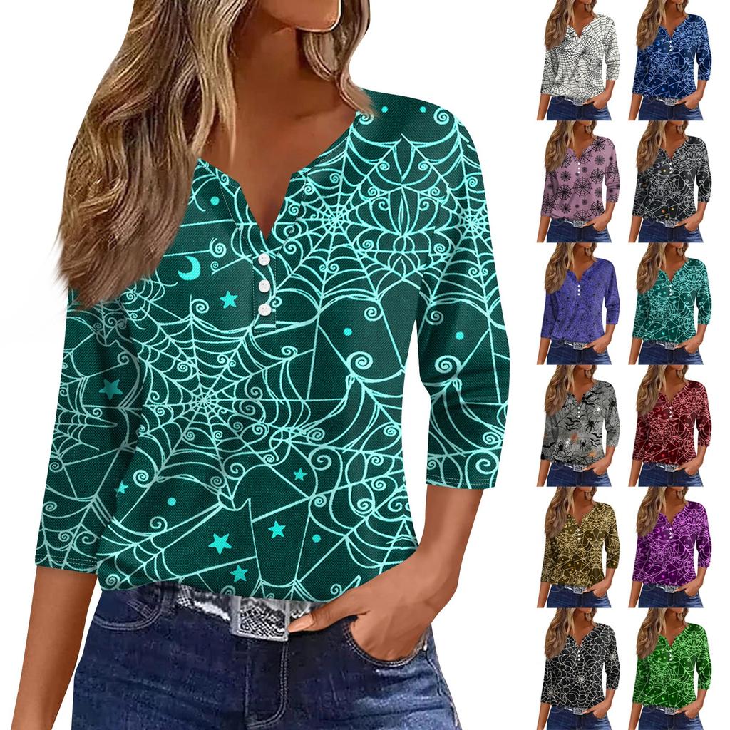 3/4 Length Sleeve Womens Tops Floral Halloween Print Vintage Fashion Casual Loose With V Neck Plus Size Shirts