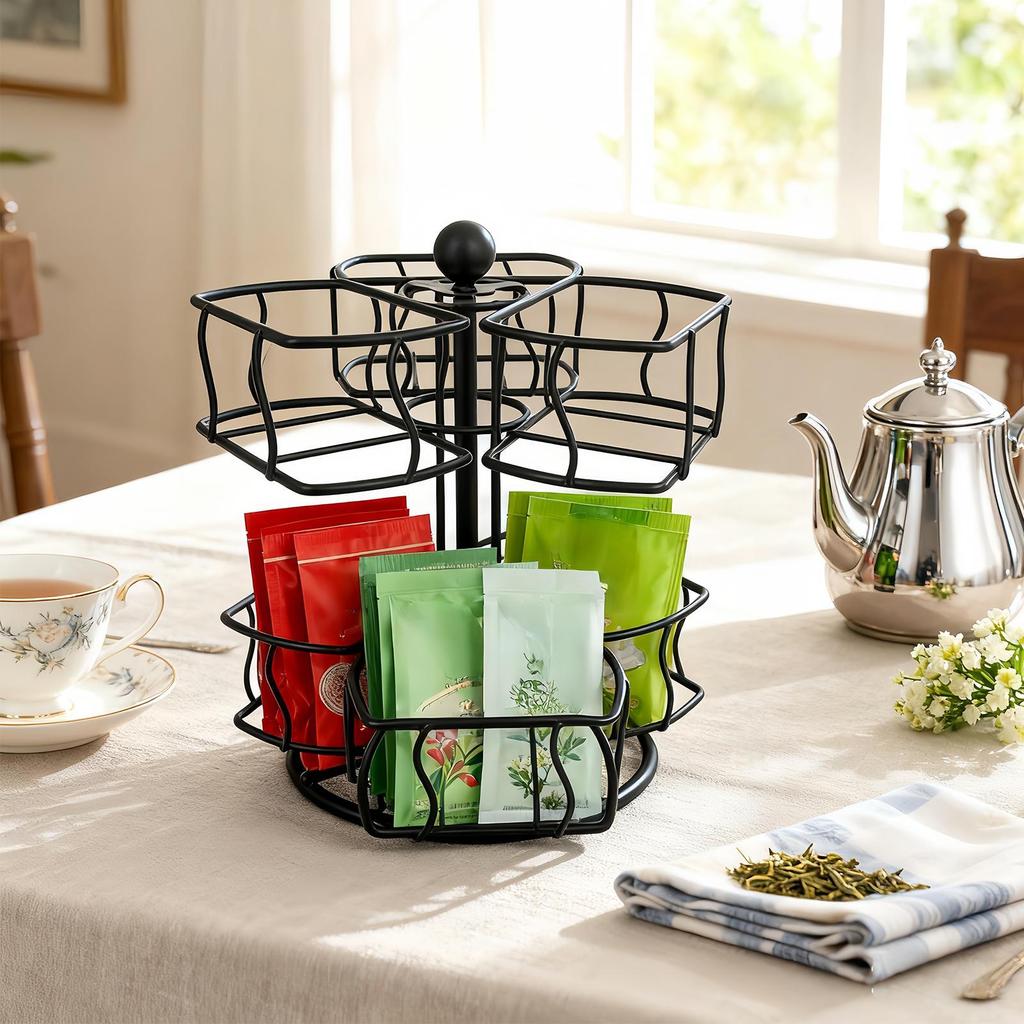 Tea Holder Organizer 2-Tier Rotating 6-Compartment Countertop Storage Creamer Sugar Teabag Basket Container for Home Office