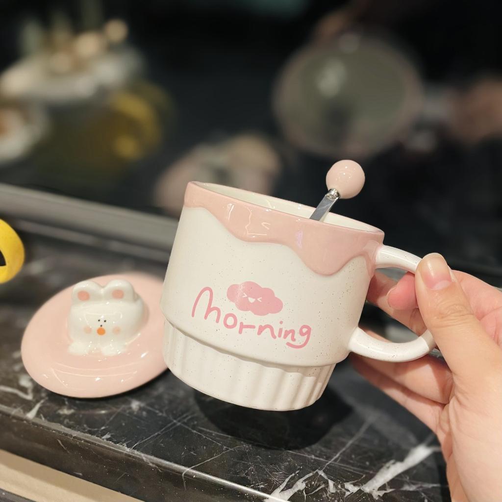 Cute Cartoon Coffee Milk Bear Ice Cream Ceramic Cup with Lid Spoon Girls Water Cup Home Breakfast Oatmeal Cup Mug
