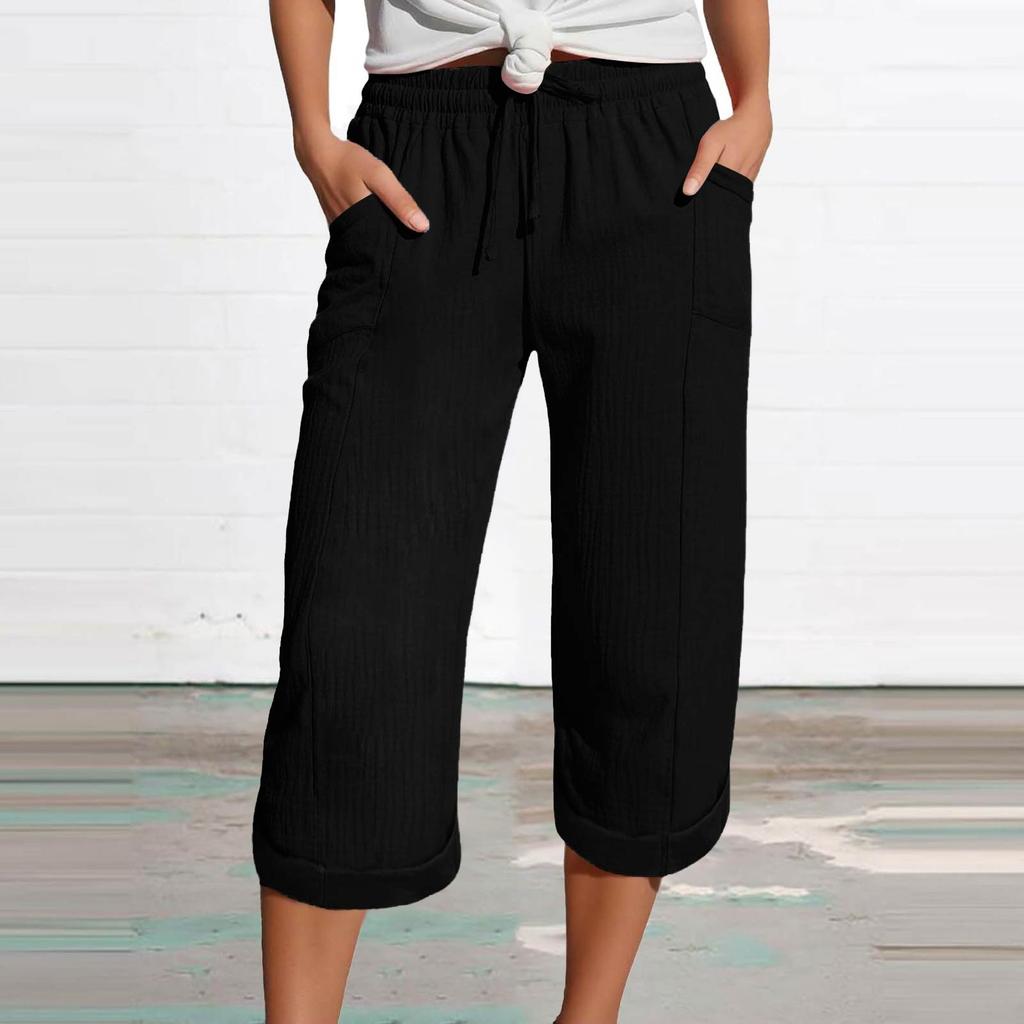 Women's Summer 3/4 Trousers Summer Trousers With Pockets Causal Loose Trousers Fabric Trousers Sport Leisure Beach Trousers