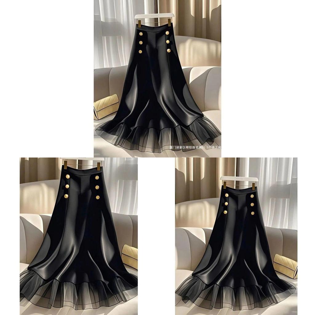 Private Fashion Black Mesh Spliced Midi Skirt With High Waist For Women