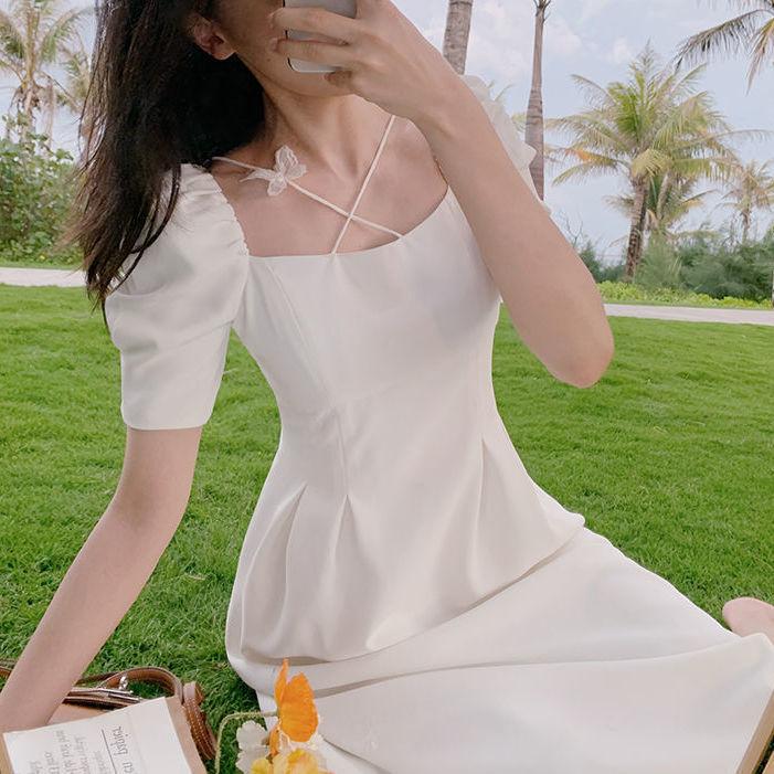 French square collar white first love skirt summer new super fairy bubble sleeve temperament medium and long dress women