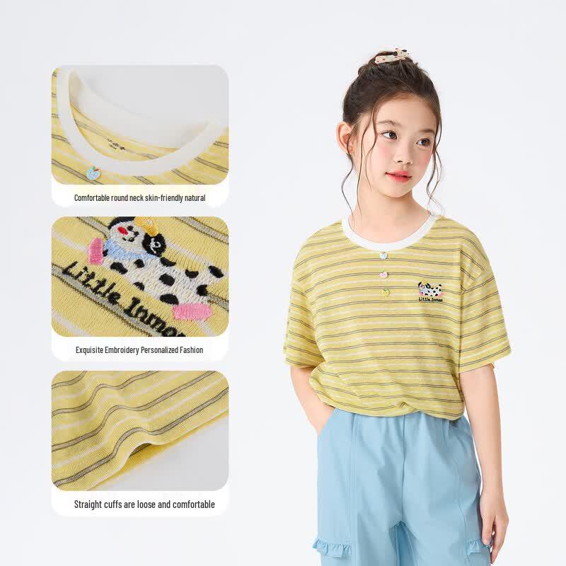 Xiaoyinman Girls' Striped Embroidered Short-Sleeve T-Shirt