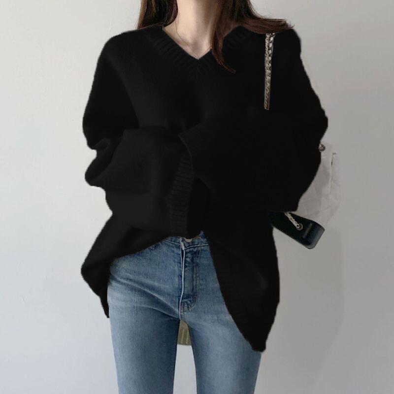 Korean Lazy Style V-Neck Loose Knit Sweater - Black, White Base Layer for Women, 2026 Autumn/Winter Trend