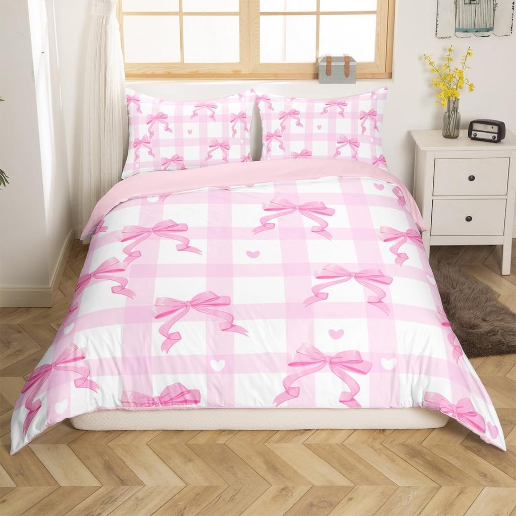 Cute Kawaii Bowknot Kids Duvet Cover Geometric Plaid Butterfly Knot Quilt Cover For Girls Teen Women Adults 3 Pcs No Quilt