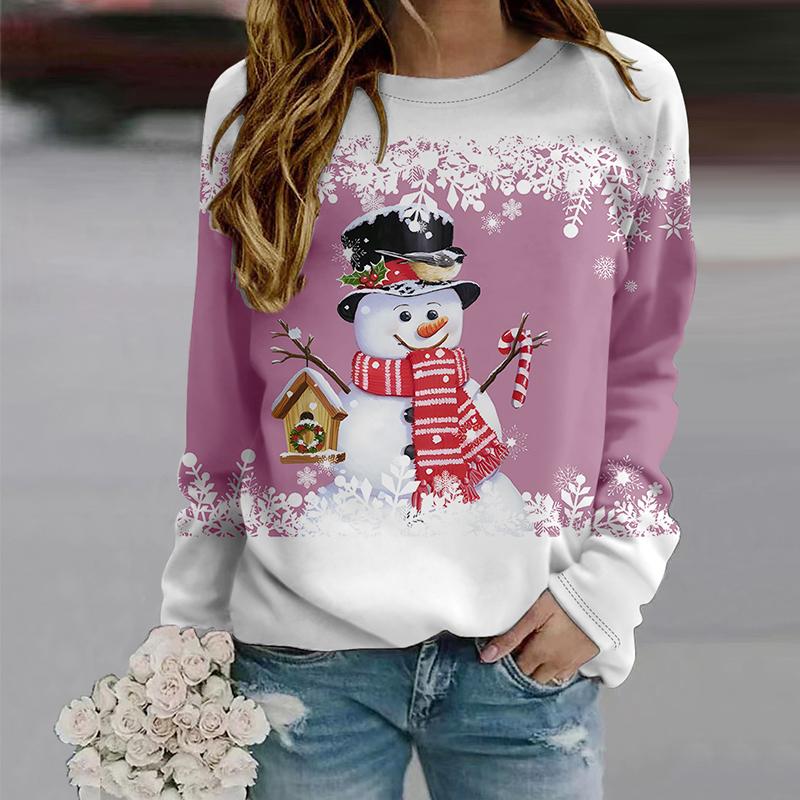 Голубые футболки со снеговиком с 3D принтом, женские топы, пуловер с длинными рукавами и круглым вырезом, женские футболки, футболка для женщин