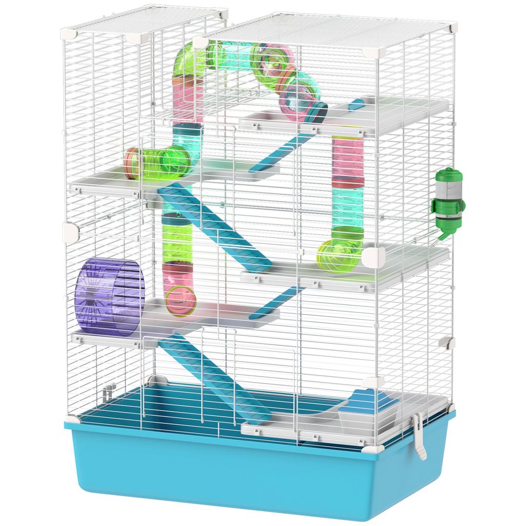 6 Tier Hamster Cage, Small Animal Cage with Tubes, Exercise Wheel, Ramps, Hut, Food Dish, Water Bottle, Light Blue