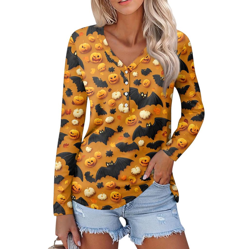 Женская повседневная мода, сексуальный комфорт, Хэллоуин с принтом и v-образным вырезом, пуговицы, длинный рукав