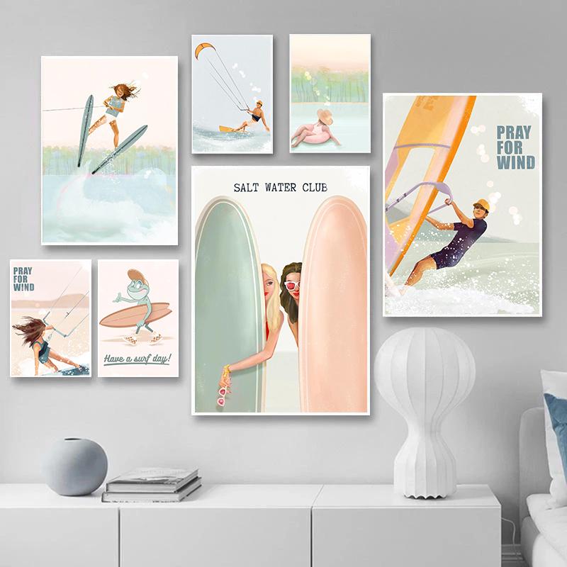 Minimalism Beach Surfing Boho Posters Pink Beach Summer Coastal Prints Canvas Painting Wall Art Pictures Home Living Room Decor
