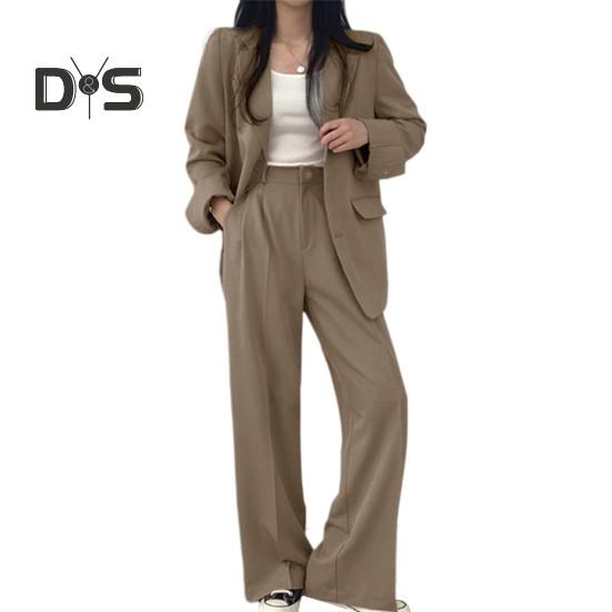Женский комплект из 2 шт./компл., пальто, брюки, деловой стиль, однобортный кардиган с длинным рукавом и воротником-стойкой, высокая талия, широкие штаны, однотонный цвет