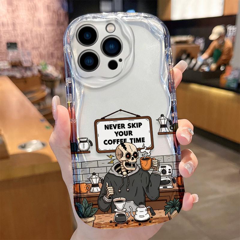 Funny Skeleton Coffee Bar Wave Phone Case for iPhone 17 Air 16 E 15 14 Plus 13 12 Mini 11 Pro Max Liquid Silicone Covers Funda