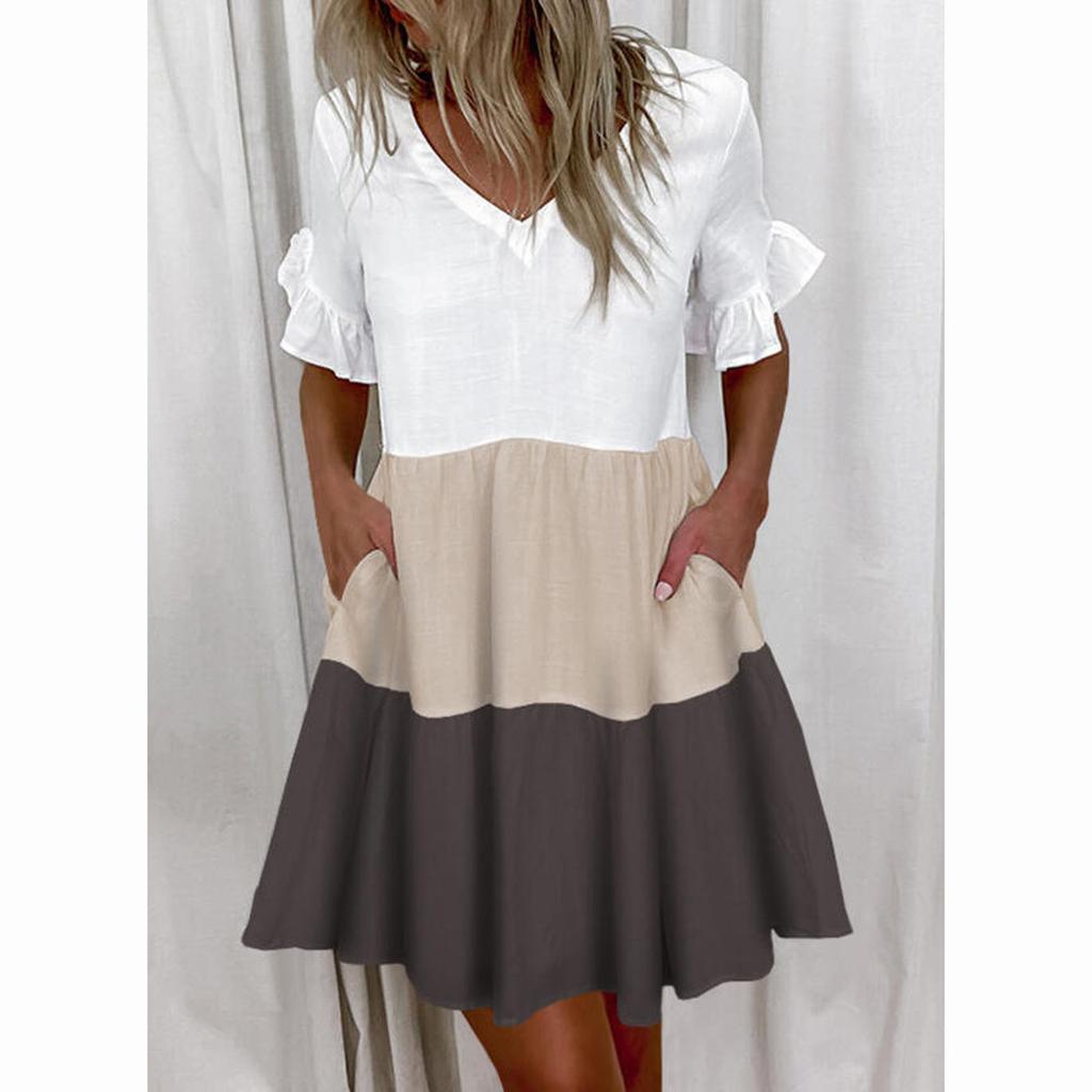 Женская мода лето весна повседневные короткие рукава V-образный вырез платья