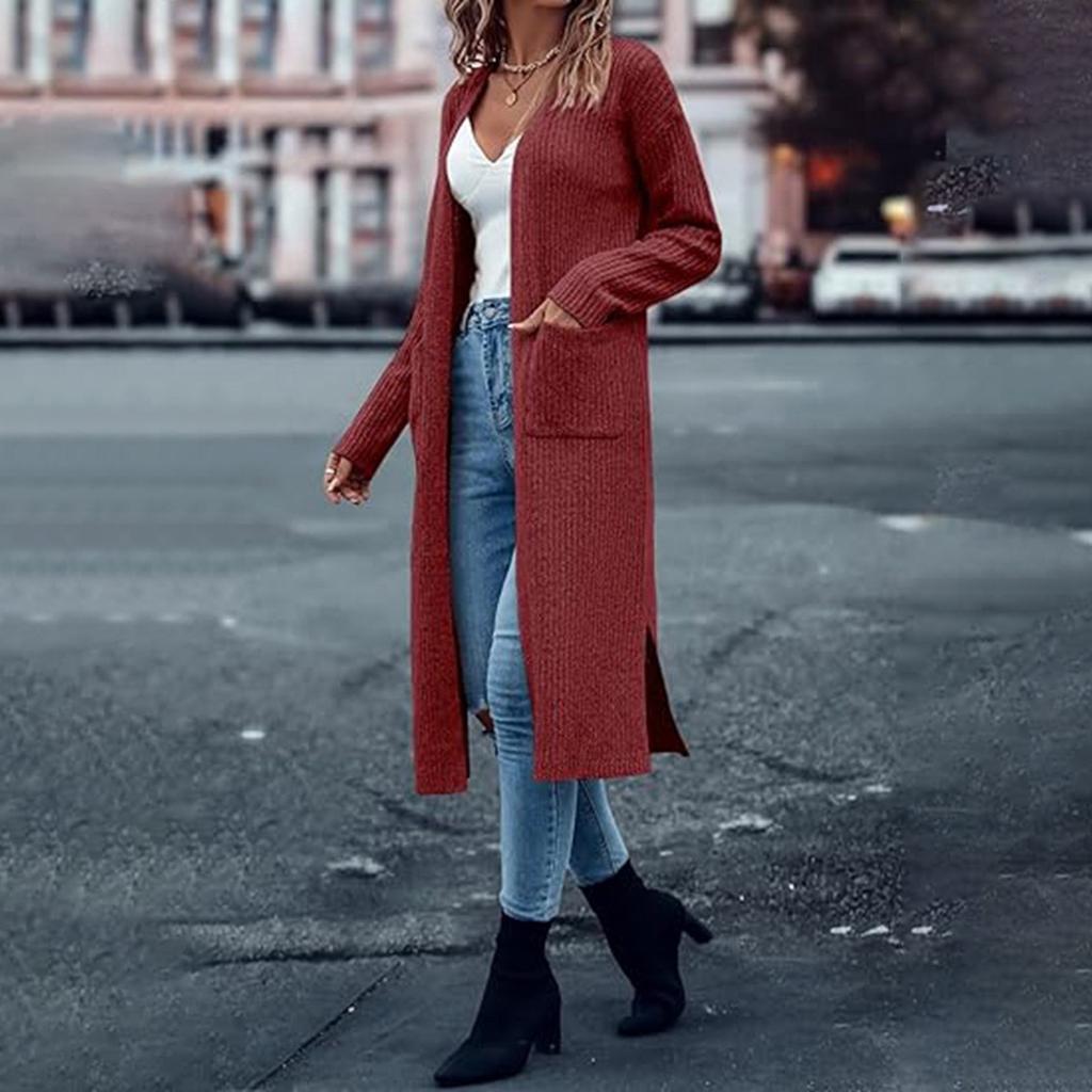 Вязаный кардиган с карманами, длинный однотонный женский свободный свитер