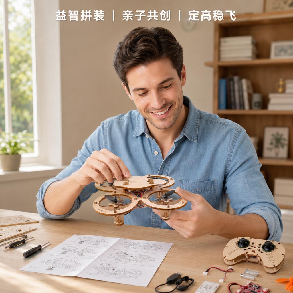 DIY Wooden Drone Kit with Remote Control Customizable Laser Cut Assembly Educational Model for Hobbyists and STEM Learning Projects