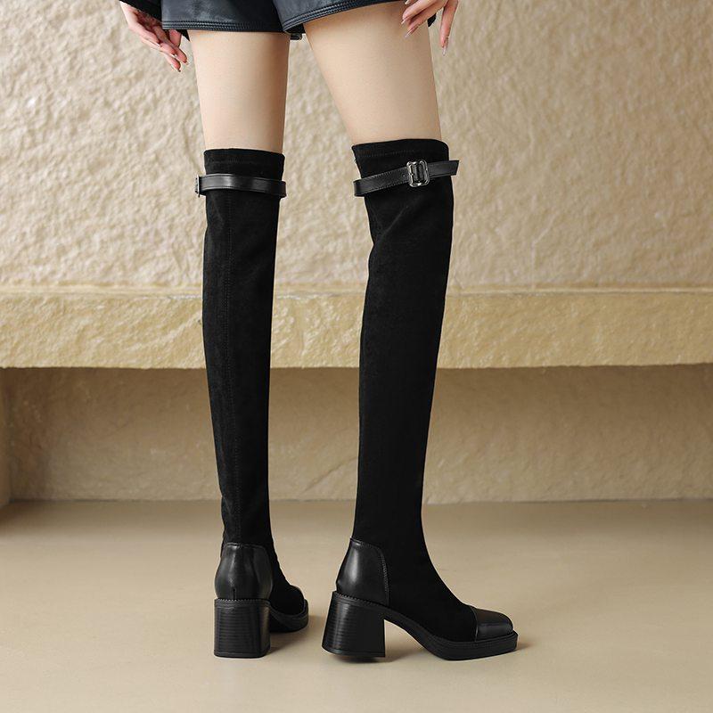 Krazing Pot Осенне-зимняя обувь из микрофибры, эластичные сапоги большого размера с квадратным носком, сохраняющие тепло, на молнии, размер 43, выше колена