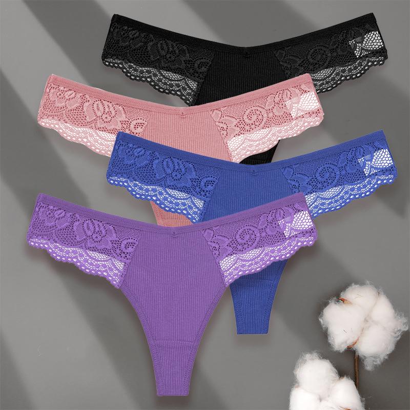 4PCS/Set Sexy V-Waist Women Cotton G-string S-XL Lace Lingerie Panties Thongs Femme Underwear Girls Underpant Intimates
