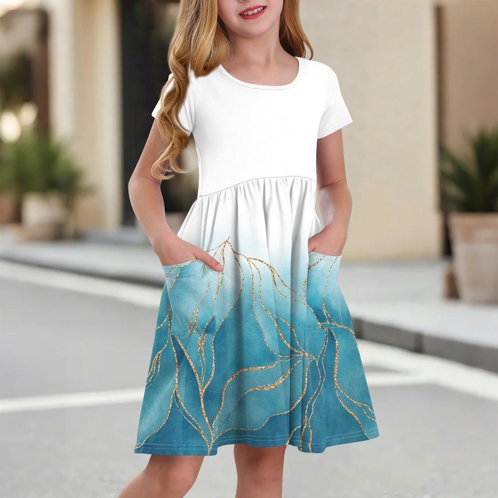 Children's Skirt Round Neck Short Sleeve Princess Dress Fashion Casual Pocket Dress For Girls