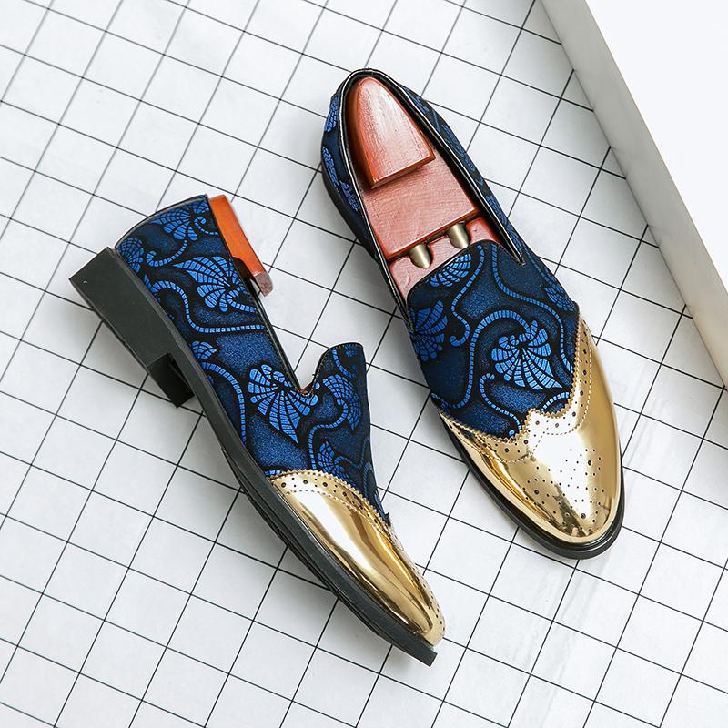 Men Dress Leather Shoes for Men Classic Gentleman Wedding Prom Shoes Luxury British Gold Blue National Pattern Oxfords Hombre