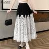 Women Elastic Waist Front Lace Patchwork Casual Pleated Skirts