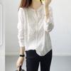 Spring Autumn White Blouse Women's V-neck 3d Embroidery Jacquard Lace Bubble Long Sleeves Basic Shirt