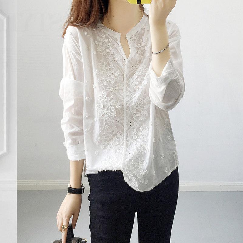 Spring Autumn White Blouse Women's V-neck 3d Embroidery Jacquard Lace Bubble Long Sleeves Basic Shirt
