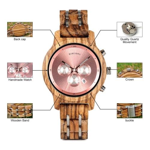 BOBO BIRD Pair Wooden Watches with Gift Box, Analog, Japanese Quartz Movement, Chronograph, Lightweight, Date Display, Stopwatch, Men's, Women's, Coup