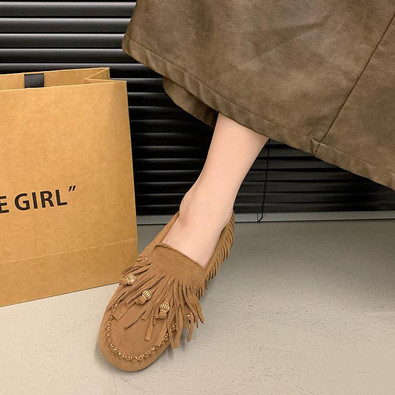 2024 Summer All-match Flat Bean Shoes Slip-on Lazy Women's Shoes Soft Soles Shallow Mouth Retro Tassel Women's Shoes