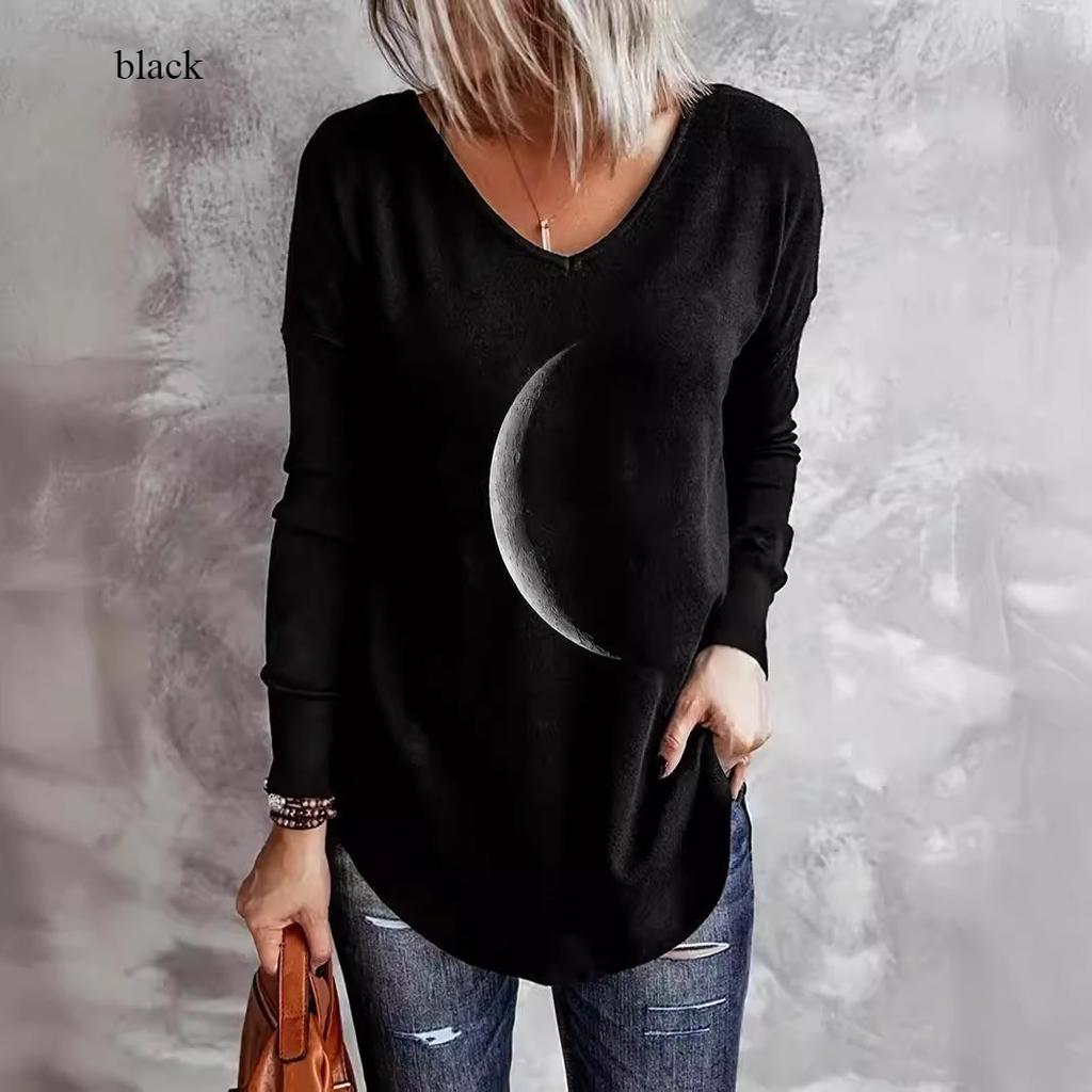 Animal Letters Feather Moon Printed 3D T Shirts Plus Size Black Tees Women Fashion V Neck Long Sleeve T Shirt
