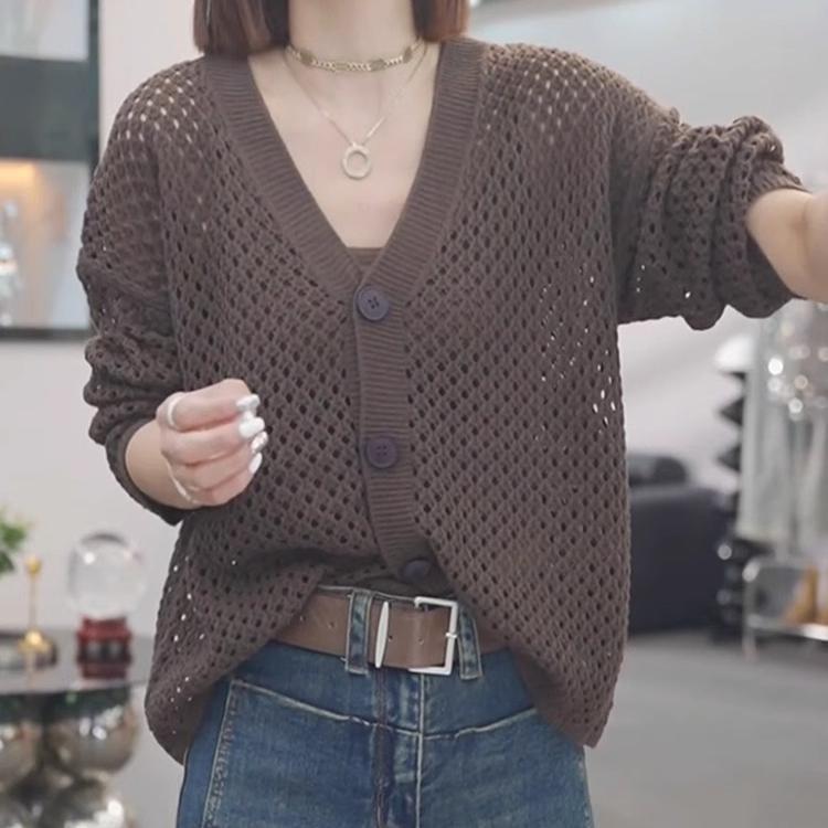 Spring/Summer Single Breasted Sunscreen Loose Air Conditioning Sweater V-neck Hollow Knitted Cardigan for Women