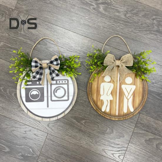 Деревянный гендерный тег туалетная прачечная знак с бантом деревенский подвесной знак с искусственными зелеными листьями для ванной комнаты прачечная декор