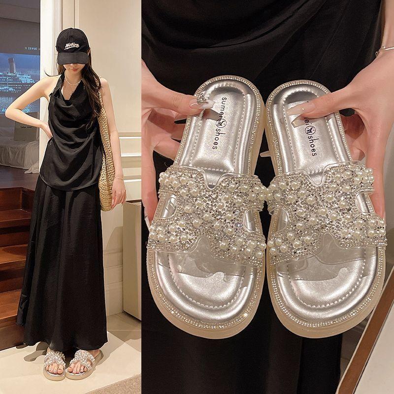 Thick-bottomed Pearl Slippers Outer Wear Women's Summer 2025 New Flat-bottomed Fashion with Skirts Fairy Beach One-word Sandals