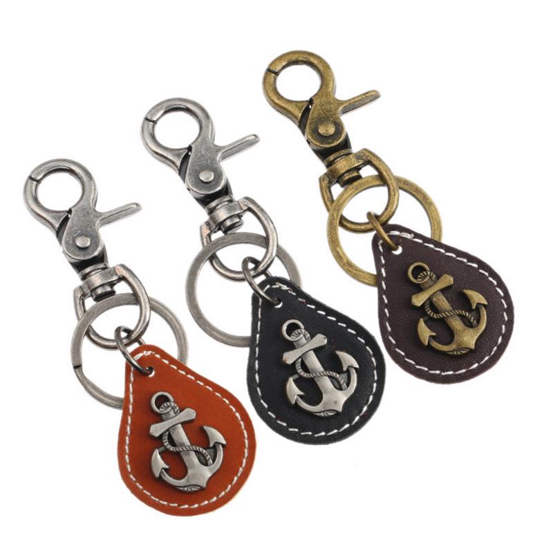 European-American Retro Men's Alloy Anchor Cowhide Keychain - Genuine Leather Gift