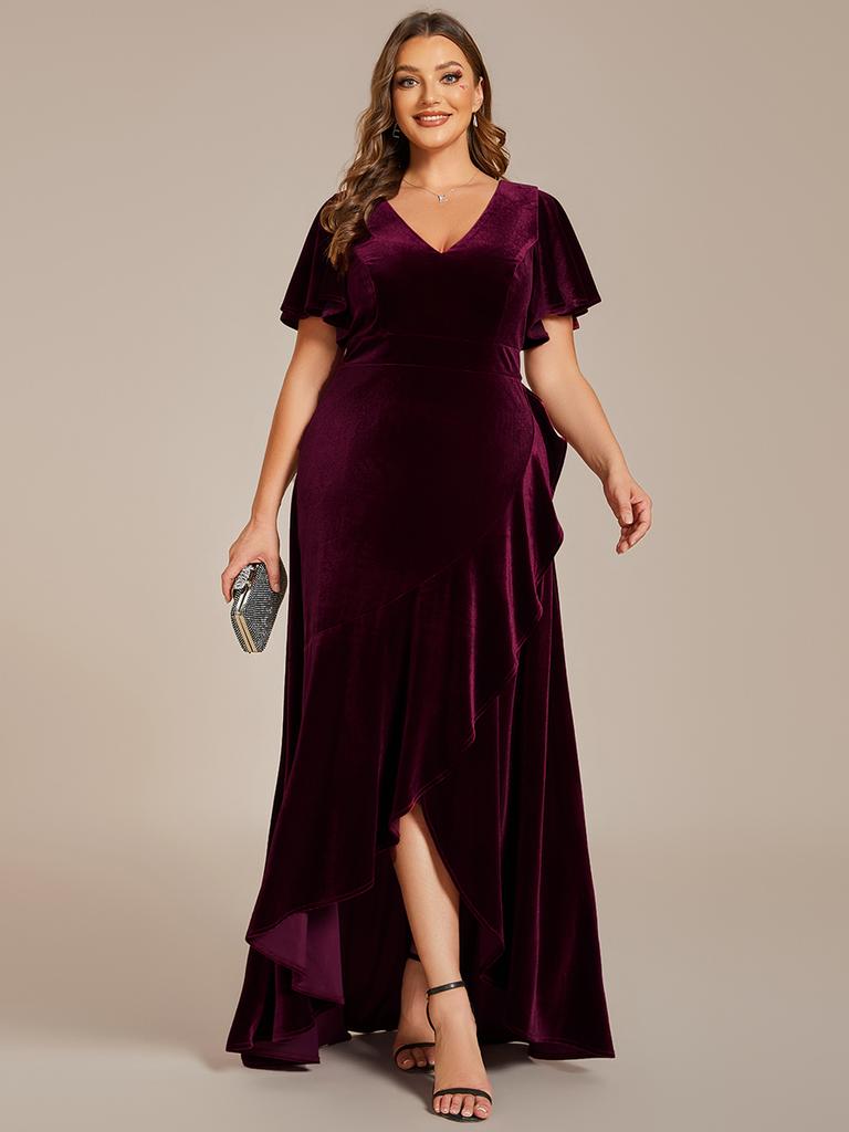 Ever-Pretty Women's Plus Size Velvet Lotus Leaf Ruffles Short Sleeves V Neck High-Low Hem Evening Dress