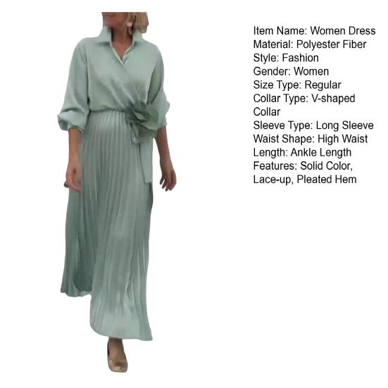 Женское платье с V-образным вырезом и длинным рукавом, на шнуровке, с высокой талией, длинное платье, сплошной цвет