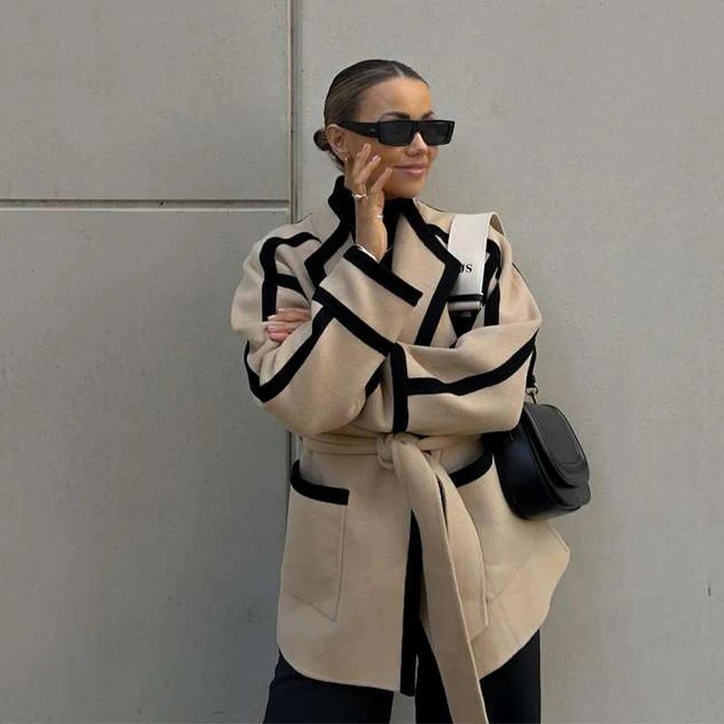 Turndown Collar Lace Up Women's Coat Casual Cardigan Thickened Warm Loose Long Sleeve Commute Outerwear Elegant Warm Jacket New Fashion Autumn Winter