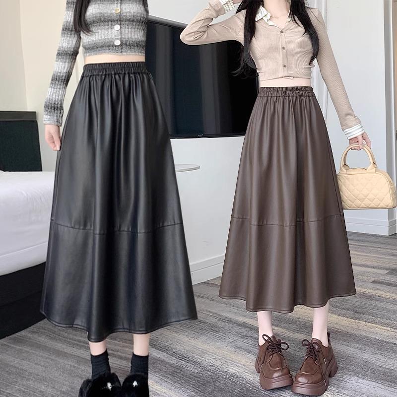 2024 Autumn/Winter PU Leather Mid-Length Skirt: Versatile Fashion Umbrella Design with Elastic Waist.