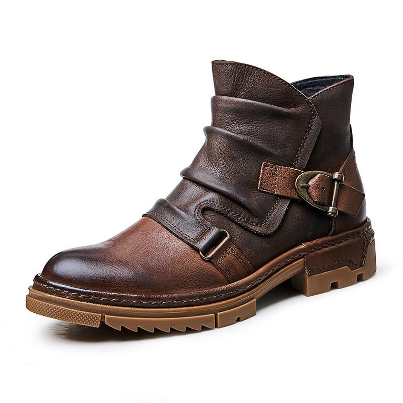 Men's Motorcycle Boots Genuine Leather Shoes Men Buckle Ankle Boots Handmade Retro Leather Boots Luxury Men's Retro Shoes