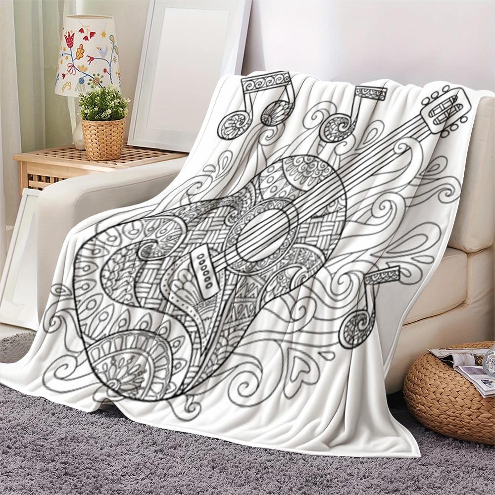 Black And White Line Drawing Mandala Guitar Flannel Blanket, Main Guitar Covered with Exquisite Entwined Patterns, Paired with Flowing Musical Notes A