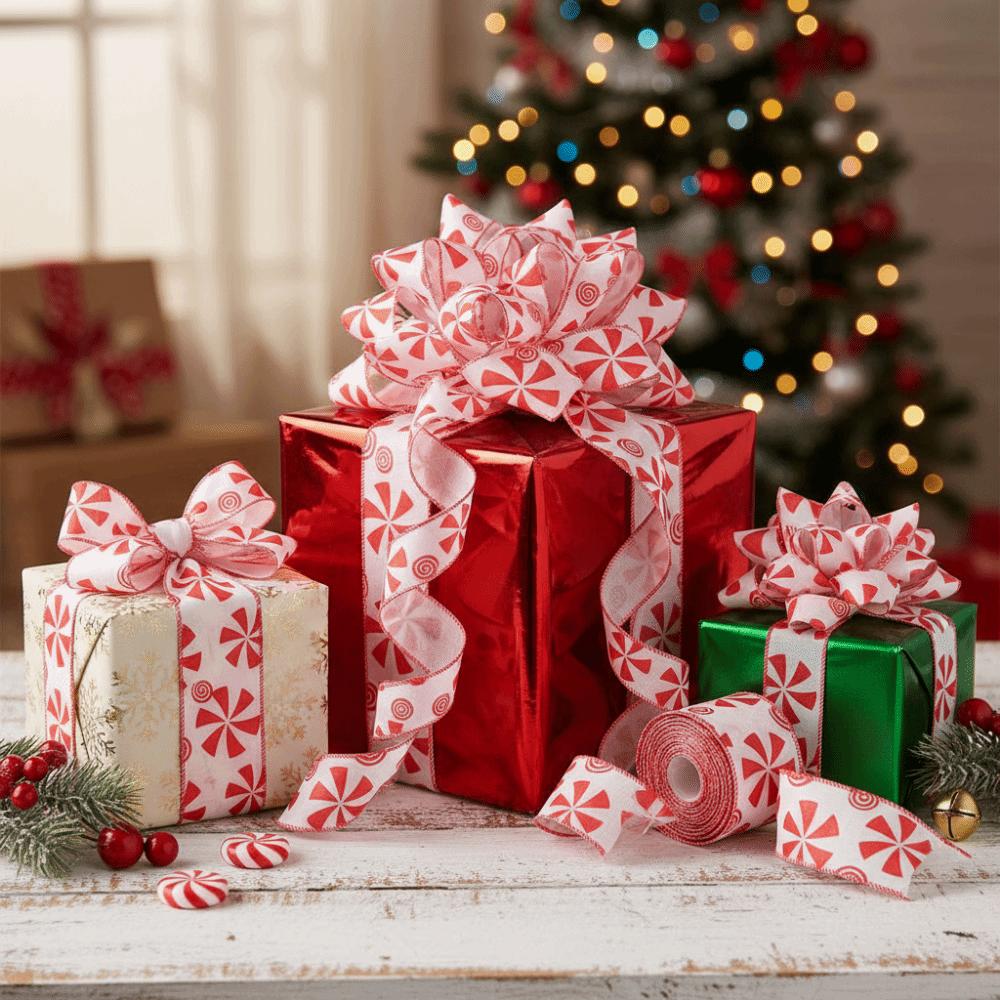 Candy Printed Christmas Bow Ribbon Handmade DIY Christmas Wrapping Ribbon Xmas Bows Decorative Bow Decorative Webbing