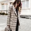 Зимнее осеннее женское пальто с отложным воротником, клетчатый принт, двубортное, с длинными рукавами, плотная куртка средней длины для свиданий, поездок на работу, офиса