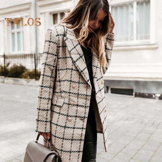 Зимнее осеннее женское пальто с отложным воротником, клетчатый принт, двубортное, с длинными рукавами, плотная куртка средней длины для свиданий, поездок на работу, офиса