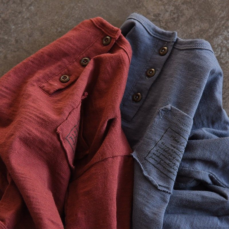 Boy Button Cotton Long-sleeve T-shirts Solid Color Spring Autumn Letters Pocket Children's Bottoming Shirts 2-12 Year Boys Tops