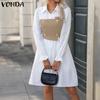 VONDA Женские винтажные контрастные цветные платья-рубашки с длинным рукавом А-силуэта