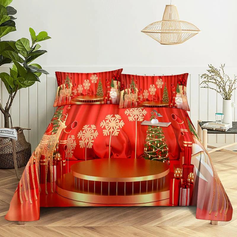 Счастливого Рождества Комплект простыней с наволочкой 3D-печать Санта-Клаус Домашний декор Новый год Кинг Квин Полный размер Красная Простыня
