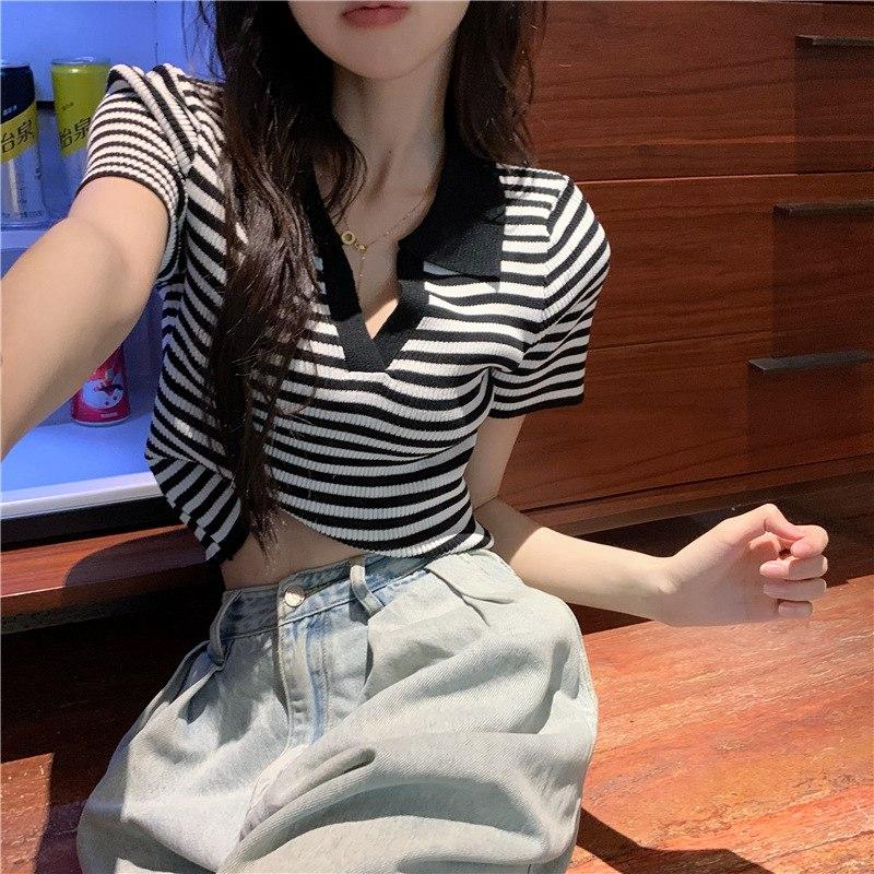 Летние женские трикотажные поло с короткими рукавами и высокой талией, тонкая футболка из ледяного шелка с воротником-поло, полосатые футболки черного, синего цвета