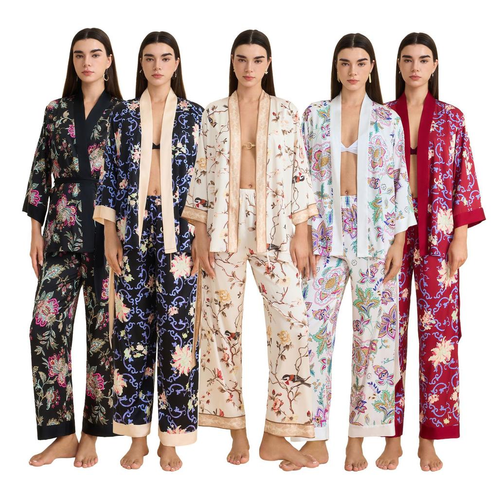 New high-end long-sleeved cardigan pajamas women's spring and autumn flower printing satin chiffon loungewear set TZ1000