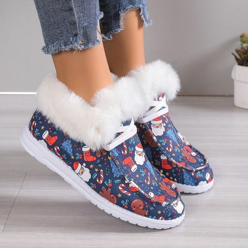 Fashion 2024 Winter New Women's Santa Print Canvas Shoes Fluffy Plush Lined Warm Slip-On Flat Shoes