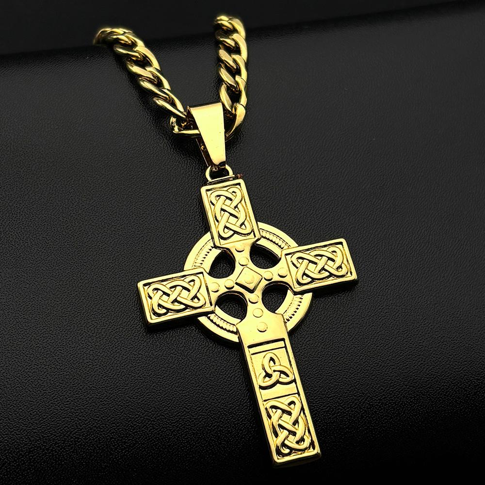 Vintage Stainless Steel Christian Cross Pendant Necklace for Women Men Fashion Nordic Celtic Knot Amulet Hip Hop Chain Jewelry