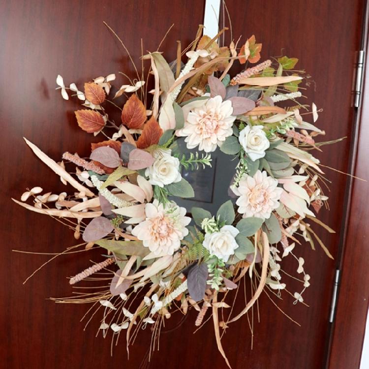 Cream Coffee Color Wreath for Front Door Handmade Artificial Floral Wreath with Bright Blooms and Foliages for Decors