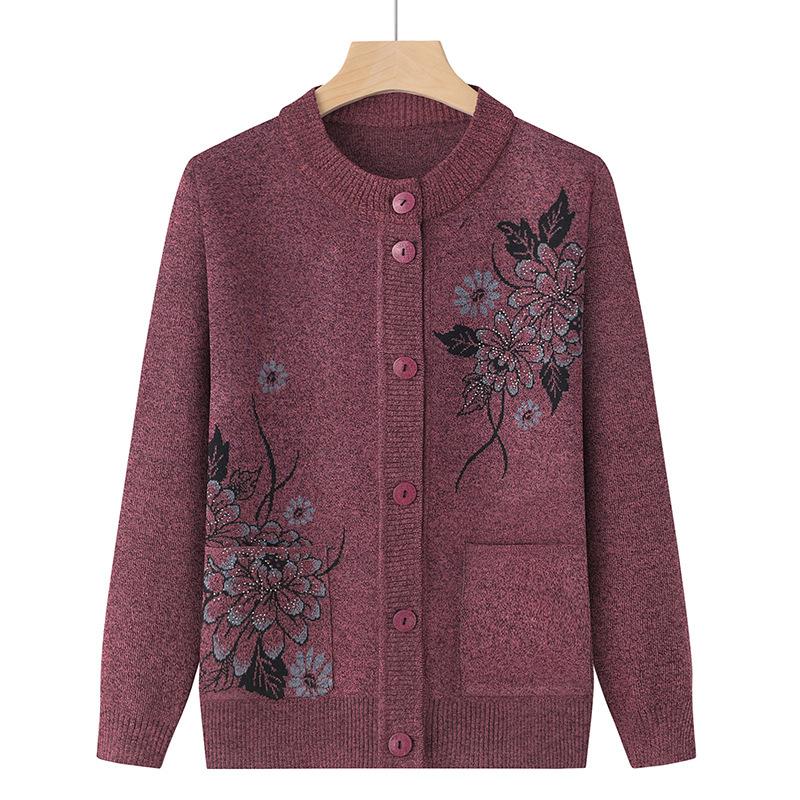 Print Middle-Aged Elderly Mother's Spring Autumn Long-Sleeve Sweater Women Knitted Bottoming Shirt Grandma Cardigan